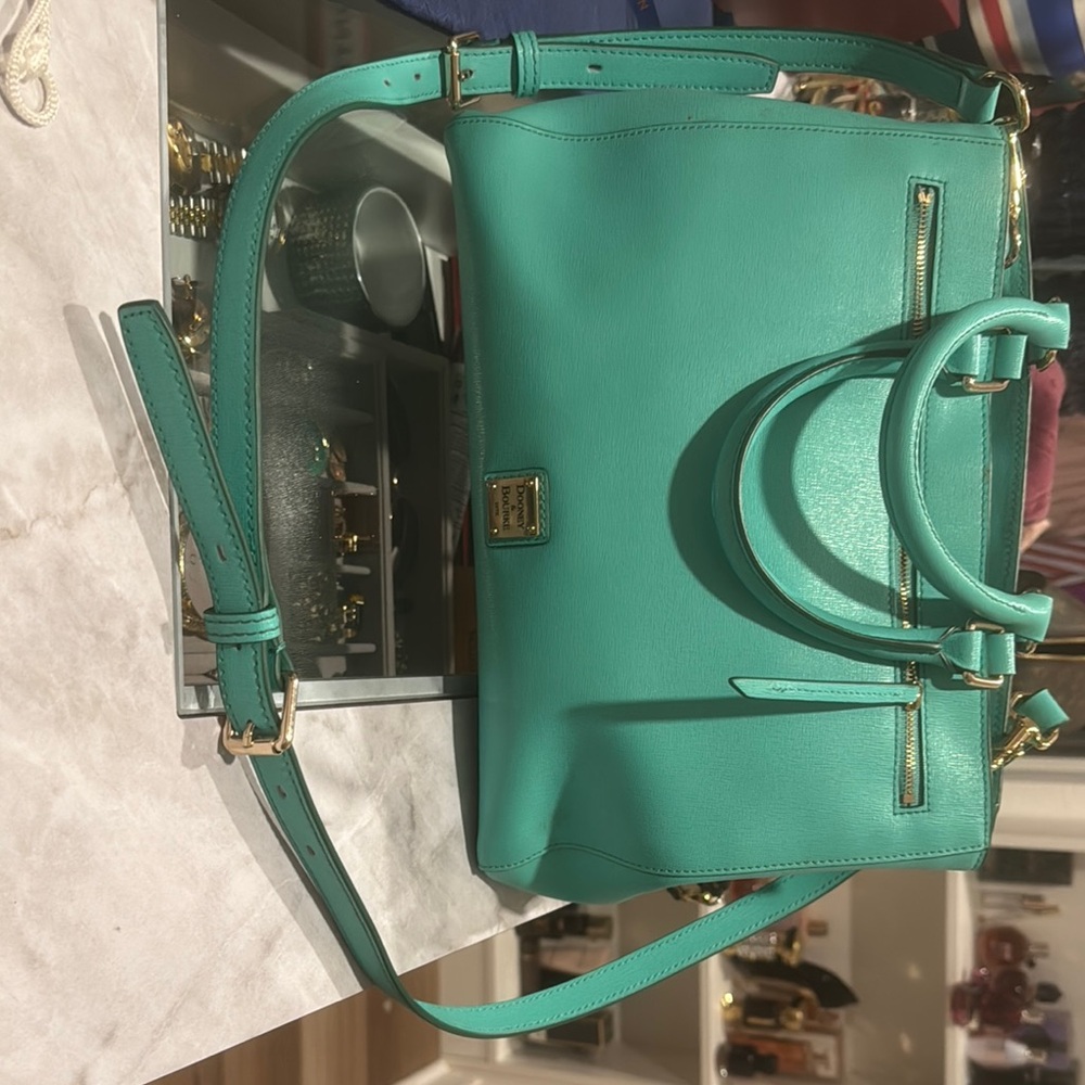 Dooney and Bourke Green Structured Satchel with Glossy Finish
